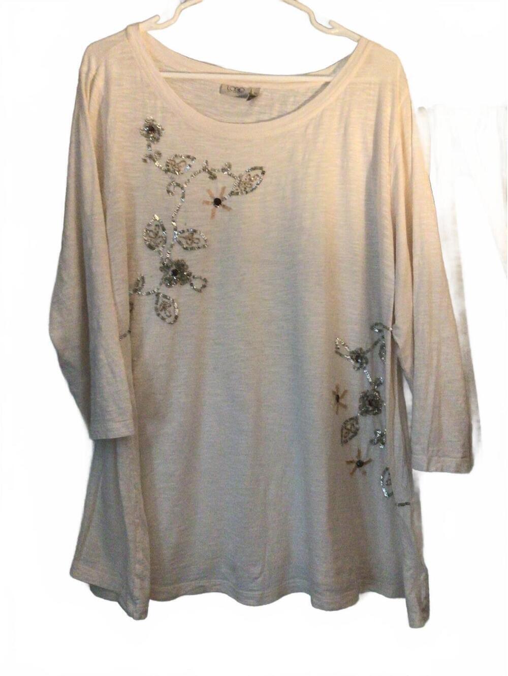 LOGO by Lori Goldstien White Tunic With Sequin and Bead Flowers Size XL
